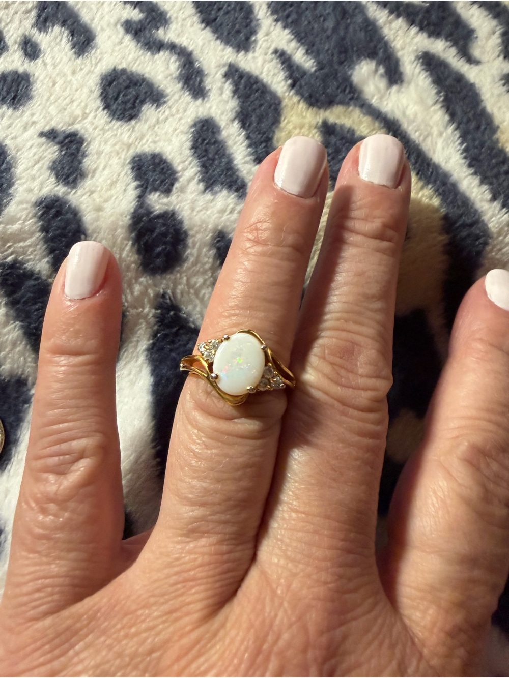 14K Gold Opal and Diamond Accent Ring - Gold White Opal